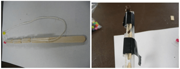 Side-by-side photos with a fully assembled finger mechanism with three joints and a string loop extending from both ends on the left, and electrical tape securing joints around a completed finger structure on the right. Side-by-side photos with a fully assembled finger mechanism with three joints and a string loop extending from both ends on the left, and electrical tape securing joints around a completed finger structure on the right.