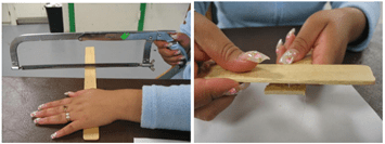 Side-by-side photos of a person cutting a thick wooden stick using a small hand saw on the left, and the sawn piece being glued perpendicularly to the base to support the full hand model on the right. Side-by-side photos of a person cutting a thick wooden stick using a small hand saw on the left, and the sawn piece being glued perpendicularly to the base to support the full hand model on the right.