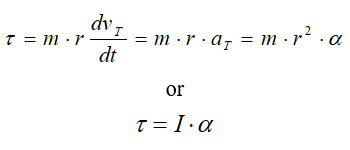 Equation of torque for a particle of constant mass in a circular movement: torque = m times r and the derivative of tangential velocity with respect to time, which = m times r and tangential acceleration, which = m times r-squared and the angular acceleration. Or, torque = the inertia multiplied by angular acceleration.