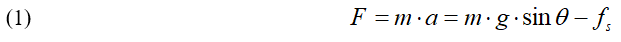 Equation 1: Equation of Newton’s second law to describe the solids linear movement: F = m times a, which = m times g and sin(θ) minus the force due to static friction. 