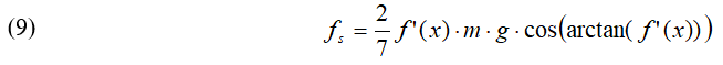 Equation 9: The static friction force for a rolling sphere of mass m: static friction force = 2/7 f’(x) times m times g times cos (arctan( f’ (x))).