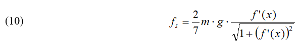 Equation 10: The static friction force for a rolling sphere of mass m: static friction force = 2/7 m times g times f’(x) divided by the square root of 1 plus (f’(x))-squared.