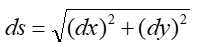 Differential arc along a path: ds = square root of (dx)-squared plus (dy)-squared.