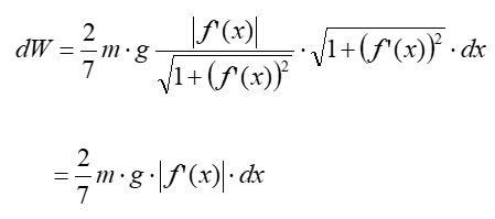 Differential displacements along a path: where m is the mass and g is the acceleration due to gravity, dW = 2/7 m times g times (the absolute value of f’ (x) divided by the square root of 1 plus (f’(x))-squared) times (the square root of 1 plus (f’(x))-squared) times dx = 2/7 m times g times the absolute value or f’(x) times dx.