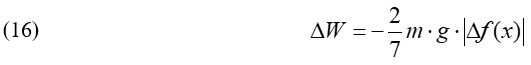 Equation 16: Total work: change in W = negative 2/7 m times g times the absolute value of the change in f (x).