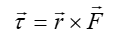 Torque equation: Torque = the cross product of the position, r, and the force; torque, position, and force are all vectors. 