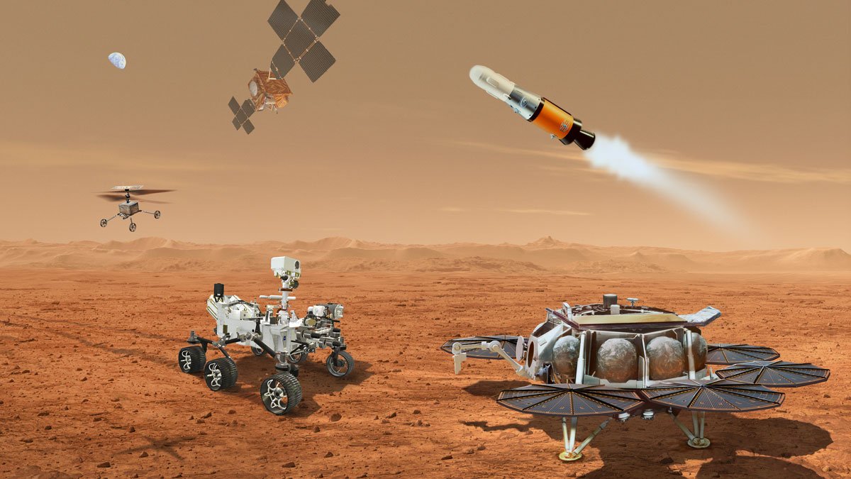 An illustration showing a concept for multiple robots that would team up to ferry to Earth samples of rocks and soil being collected from the Martian surface by NASA's Mars Perseverance rover.