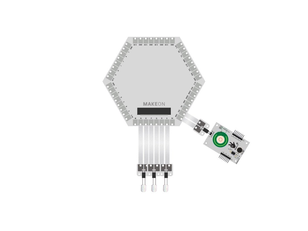 A figure showing a microcontroller connected to three individual LEDs and a sound board module.