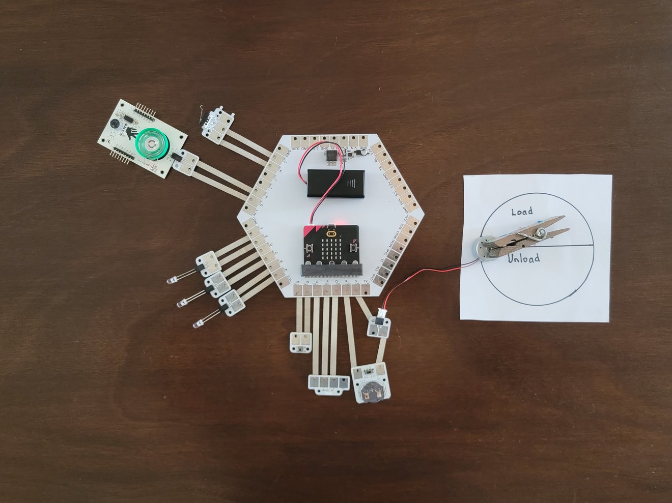 A photo showing individual components connected to a microcontroller through a MakeON Station board.