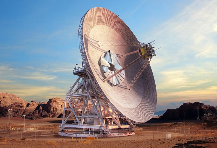 An artist's concept drawing showing what a new antenna dish, capable of supporting both radio wave and laser communications, will look like when completed at the Deep Space Network's Goldstone, California, complex.