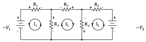 A circuit diagram shows a circuit composed of five resistors (R1, R2, R3, R4, R5) and two power sources (V1 and V2), arranged so as to create three loops of current (I1, I2, I3). The I1 loop is made of V1, R1 and R2; the I2 loop is made of R2, R3, and R4; the I3 loop is made of R4, R5, and V2. I1 and I3 run counterclockwise, and I2 runs clockwise. 