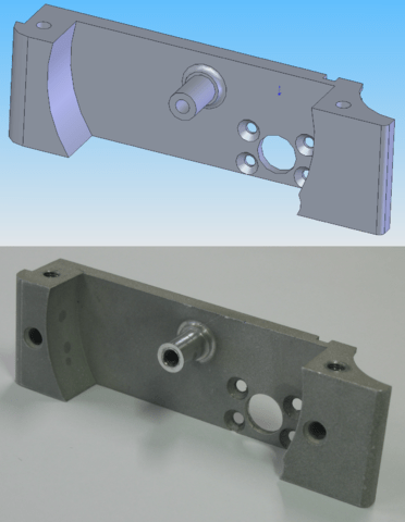 A diagram of a CAD model and a photograph of its corresponding CNC machined part.