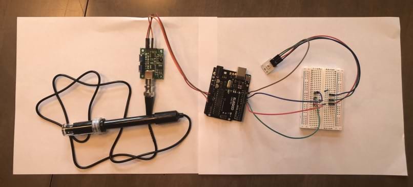 Photograph of an Arduino connected with wires and a breadboard to a pH sensor and LED module light.