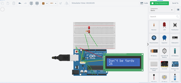 An image showing the simulation working and displaying the “Don’t be tardy” message with a countdown from 30. 
