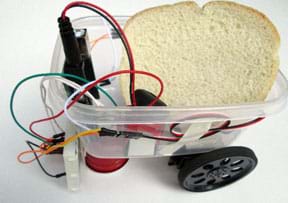 A photograph shows a clear plastic food container with two drive servomotors and their two attached wheels taped to one end (back) of the container, a small cup supporting the other end (front) of the container (the same bot frame as shown in Figure 2), plus sensors fastened to the front, a small breadboard taped to the outside front of the container, an Arduino microcontroller mounted inside front, and various wires that connect the servos, IR sensors and battery to the Arduino. It carries a slice of white bread.