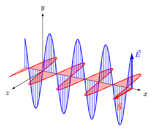 An animation shows a line drawing visual of electromagnetic waves with two transverse waves traveling perpendicular to each other (plane linearly polarized wave). The red waves represent the wave generated by the magnetic field while the blue represents the wave generated from the electric field.