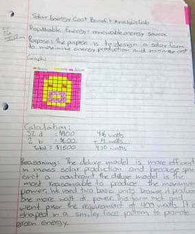 A photograph shows hand writing on a piece of lined notebooks paper. A student has written the project purpose, made a color-coded grid plan for how to place the solar panels, done some cost and watts calculations (deciding on 32 deluxe panels and 2 basic panels) and provided reasoning for the design.