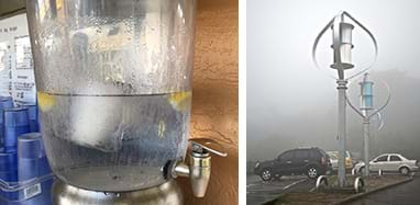 Two photographs. The exterior surface of a glass water cooler filled with ice water is dripping with condensation. Two vertical-axis wind turbines mounted on tall masts in a parking lot in Taïwan. Each turbine is composed of three curved aerofoil blades mounted at the top and bottom of its mast.