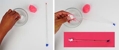 Three photographs show the steps to making a web bulb thermometer. A hand dips a cotton ball into a dish of water, places the wet cotton ball around the sensor end of a long glass thermometer and uses string to secure (via wraps and knots) the cotton ball at that location.