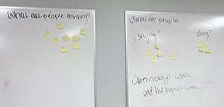A photograph shows two whiteboards with handwritten questions and sticky notes: What are people thinking? Saying? Doing? Chernobyl was…, and the impact was… Student groups write down their responses on sticky notes and put them under the questions—a way to compile a list of thoughts, phrases, and actions about the people involved in the Chernobyl event.