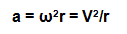 Equation for centripetal acceleration: a = ω^2r = V^2/r