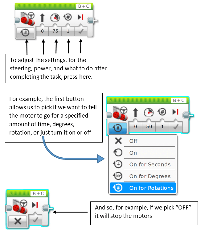 Screen capture images show LEGO EV3 programming to move a robot forward.