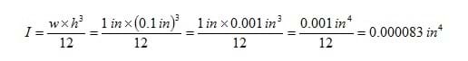 A ruler with a width of 1 inches and a height of 0.1 inch has an area moment of inertia equal to 0.000083 inches to the fourth power