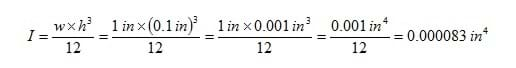 A ruler with a width of 1 inches and a height of 0.1 inch has an area moment of inertia equal to 0.000083 inches to the fourth power