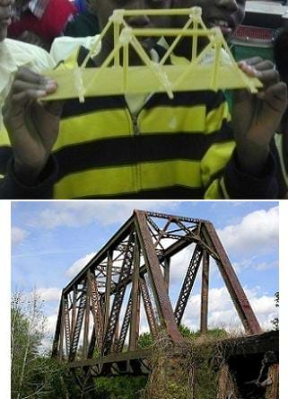 Two photos: A child holds a model of a simple truss bridge made from spaghetti. A simple truss bridge made with steel.