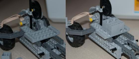 Two photos of the same LEGO three-wheeled model car with one having added payload in the form of additional LEGO blocks added to the center of the car.