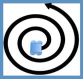 A drawing shows a spiral path (a curved black arrow) starting in the middle of a square (representing the area of a room) and coiling outward until it reaches the square edges (walls). The black line does not enter into the four square (room) corners.