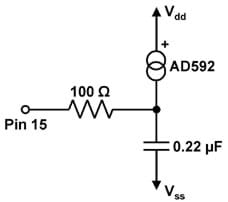 A circuit drawing shows the temperature probe connected to the voltage source and the junction between the 100 Ω resistor connected to Pin 15 and the 0.22 μF capacitor connected to the ground.