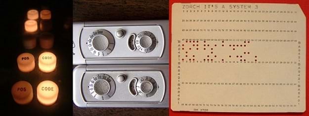 Three photos: Illuminated buttons on an electronic device. The face plate of a device shows dials and knobs. A punch card with printed letters and a pattern of holes.