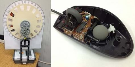 Two photos: A LEGO rotary encoder, which consists of a LEGO brick at the base, supporting a wheel apparatus at the top that rotates to line up with the angular measurements on the sheet of paper behind the wheel. A computer mouse, upside-down, with the base removed to reveal the parts inside it.