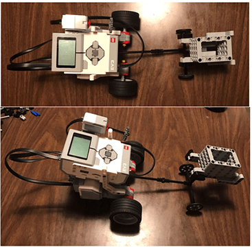 Two photos shows the side and top view of a LEGO robot pulling two different two-wheeled trailer rig designs made of LEGO pieces.