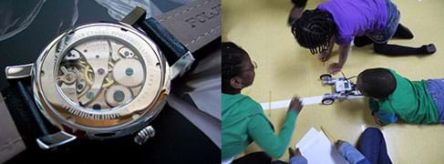 The back of a wristwatch shows internal gear mechanisms. Four students on the floor with a robotic racer.