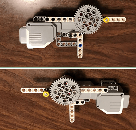 Two photos show opposite sides of a robot small gear output. The smaller-toothed gear is connected to the axle.