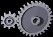 A black and white animation shows two meshing gears of different sizes continuously rotating, transmitting rotational motion. The smaller gear on the left rotates clockwise; the larger gear on the right rotates counterclockwise.