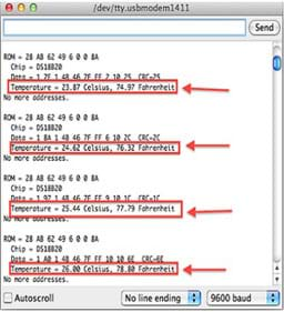 A screen capture shows text and number data output with four example temperatures identified within boxed red lines with arrows pointing to them. Example: Temperature = 23.87 Celsius, 74.97 Fahrenheit.