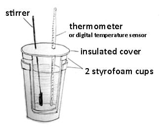 A pencil sketch shows a cutaway side view of two Styrofoam cups, one inside the other, with an insulated cover on top, and a thermometer and stirring rod inserted through the lid going into the inner cup, which contains a liquid.