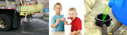 Three photos: A salt spreader sprays white material out the back of a truck onto the road surface. Two boys use spoons to dig huge scoops of ice cream from a tub. A green liquid is poured into the round opening of a plastic reservoir under a car's hood.