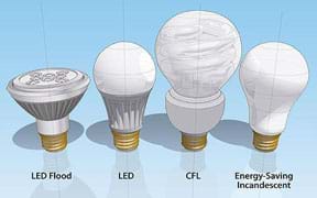 A drawing shows an LED flood light, LED light bulb, CFL bulb and energy-saving incandescent bulb.