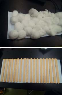 Two photos: Cotton balls glued to a paper. Wooden Popsicle sticks glued to a paper.