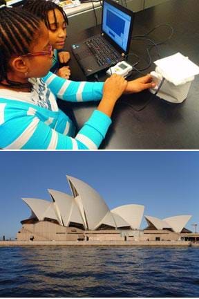 Two photos: Two students at a table view data on a laptop being logged from a temperature sensor testing cotton balls. Side view of the Sydney Opera House at the water's edge, showing a roof with the shape of five vertical shells or sails of different sizes facing opposite directions.