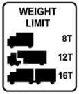 A weight limit roadway sign showing three sizes of trucks, marked 8T, 12T and 16T. 