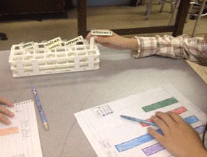 Students at a table with test tubes and bar graphs.