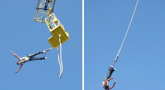 Two photographs depicting a person in various stages of a bungee jump.