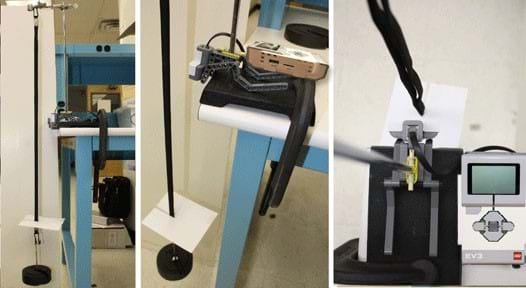 Series of three photos showing a LEGO MINDSTORMS-based spring-mass setup used to collect data for the experiment. A profile view of the device with hanging mass is shown to the left and in the middle. An aerial view of the device is shown to the right.