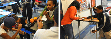 Two photos show students working on the activity.  To the left, students place weights on the spring-mass device and learn to use the NXT brick. To the right, students prepare to let go of the weight and record data.