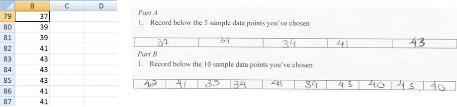 To the left, a screenshot of student-collected data, presented in Excel. To the right, a scanned image of data recorded and written on the MMM Worksheet by a student.